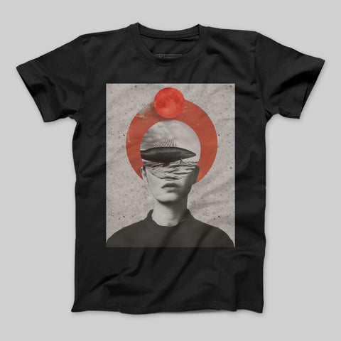 Surreal Artistic Graphic Tee with Fish and Circle Design