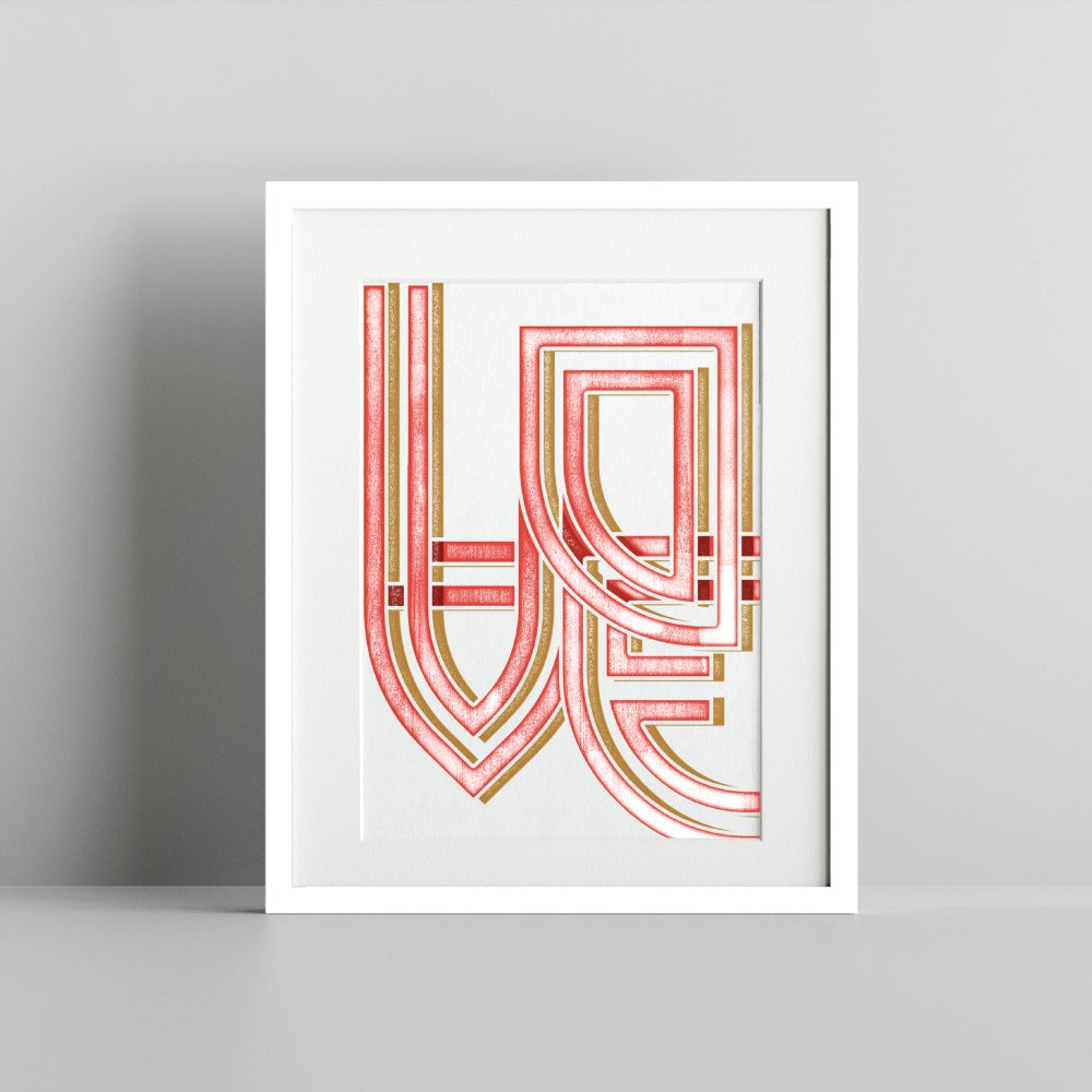 Abstract Geometric LOVE Red and Gold Wall Art Print