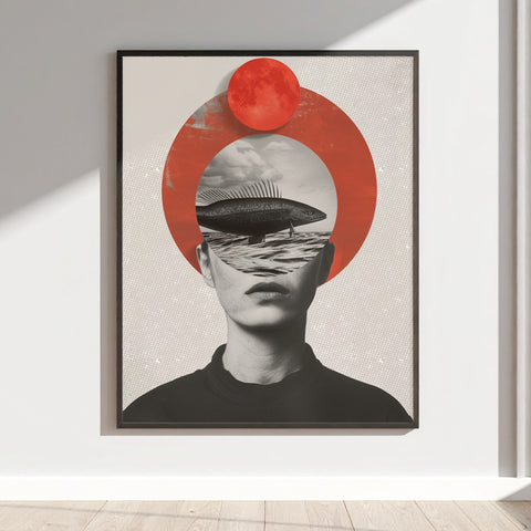 Abstract Surreal Artwork with Fish and Circle Design