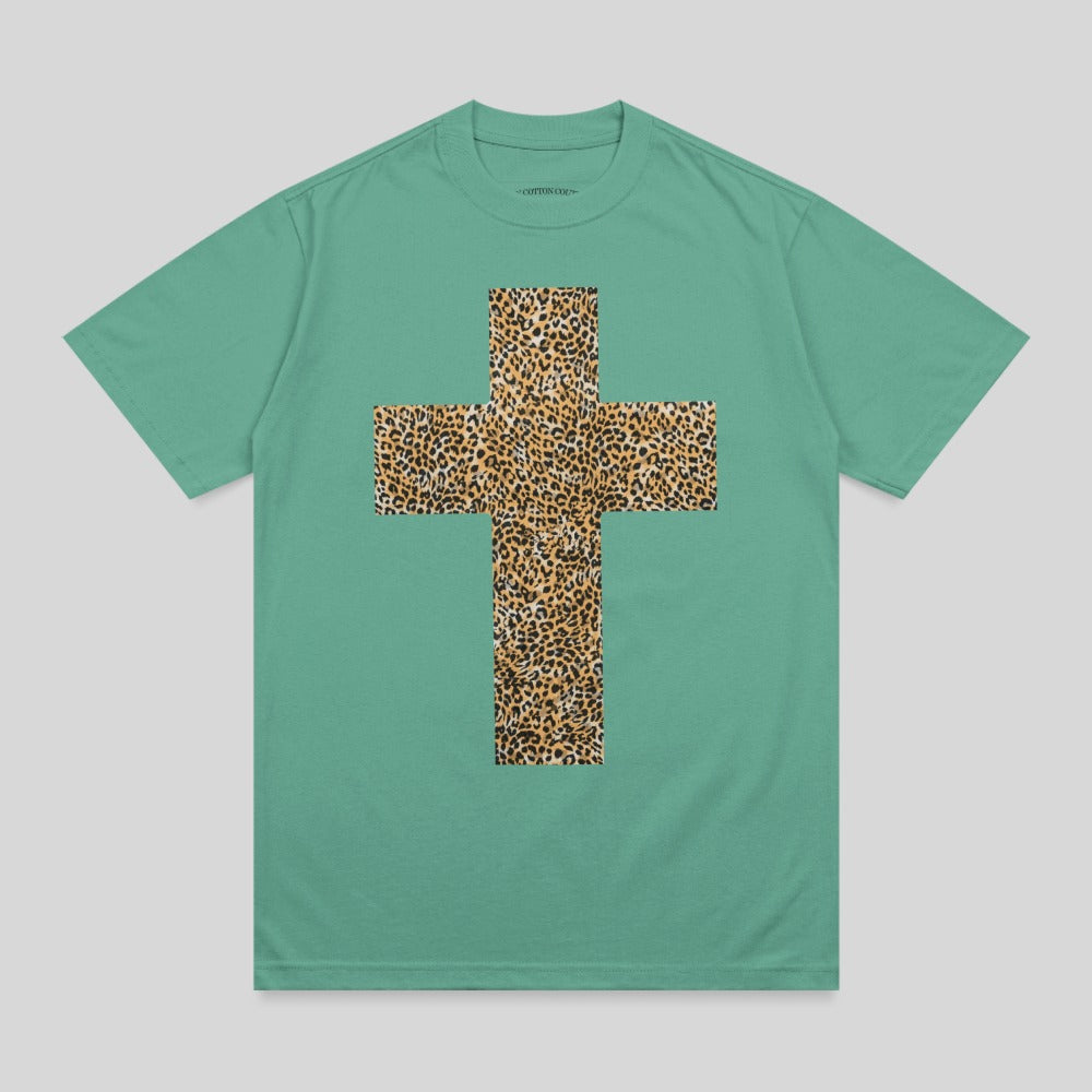 Green t-shirt with a leopard print cross graphic on the front.