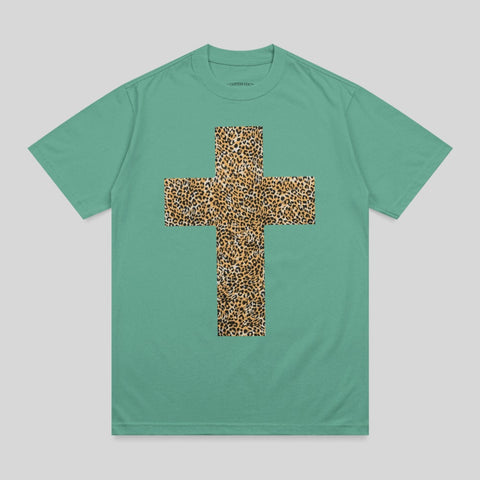 Green t-shirt with a leopard print cross graphic on the front.