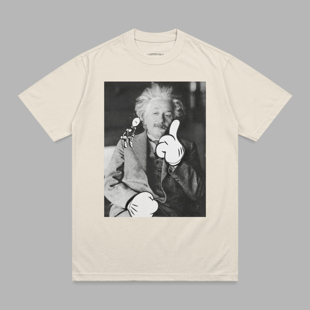 Albert Einstein giving a thumbs up with cartoon character graphic.