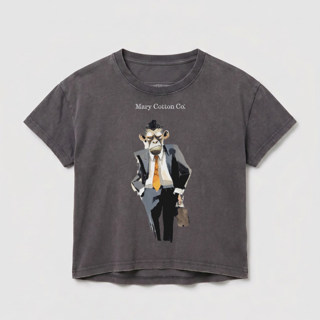 Grey t-shirt with graphic of a chimpanzee in a suit and tie.
