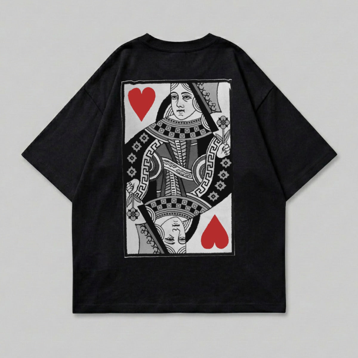 Black t-shirt with Queen of Hearts playing card graphic on back.