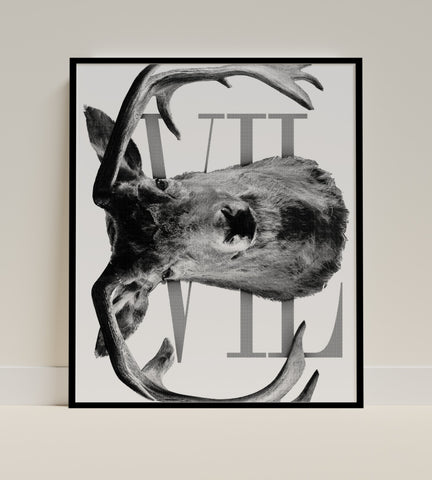 Monochrome Deer Illustration with Antlers Wall Art