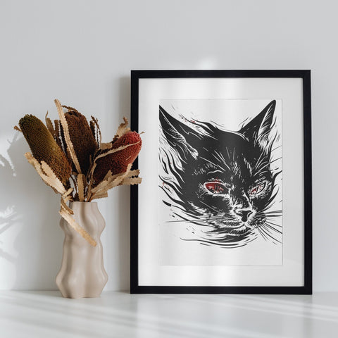 Abstract Black Cat Art Print in Black Frame Wall Decor