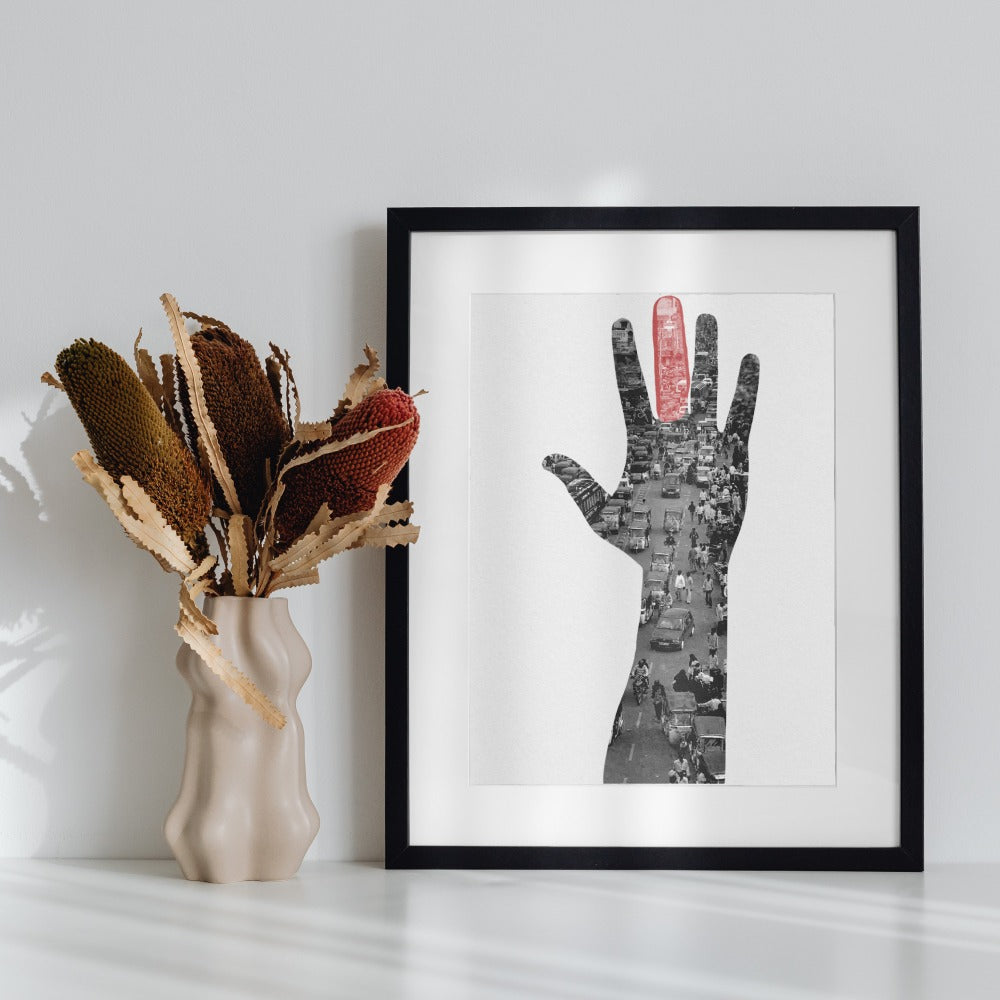 Artistic Black Hand Collage with Red Element Artwork