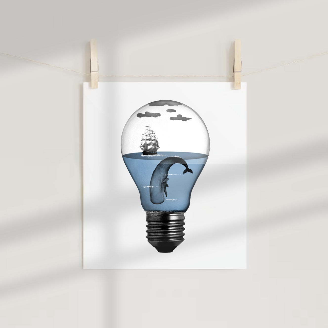 Surreal Ship and Whale Inside Light Bulb Art Print