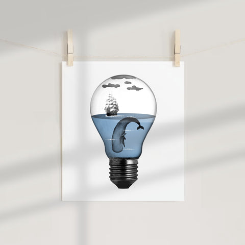 Surreal Ship and Whale Inside Light Bulb Art Print