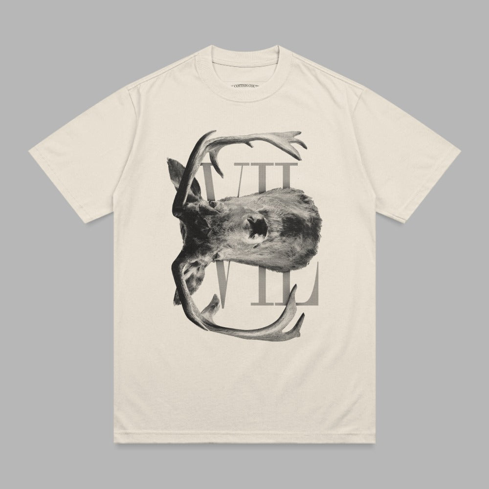 T-shirt with upside-down moose head graphic and text.