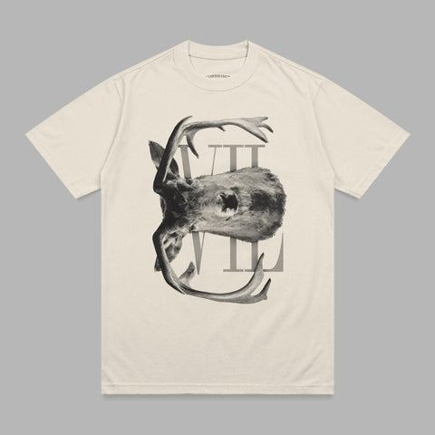 T-shirt with upside-down moose head graphic and text.