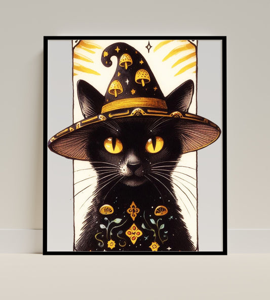 Enchanting Black Cat with Witch Hat Wall Art