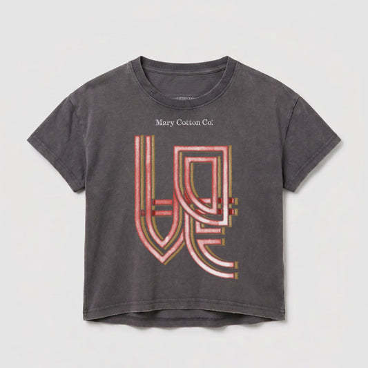 Dark grey cropped t-shirt with abstract red and gold logo and "Mary Cotton Co." text.