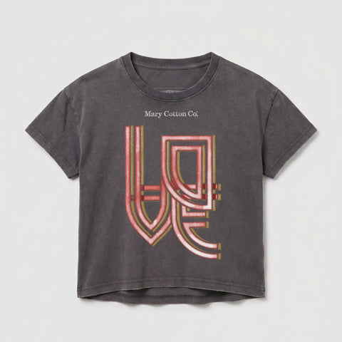 Dark grey cropped t-shirt with abstract red and gold logo and "Mary Cotton Co." text.