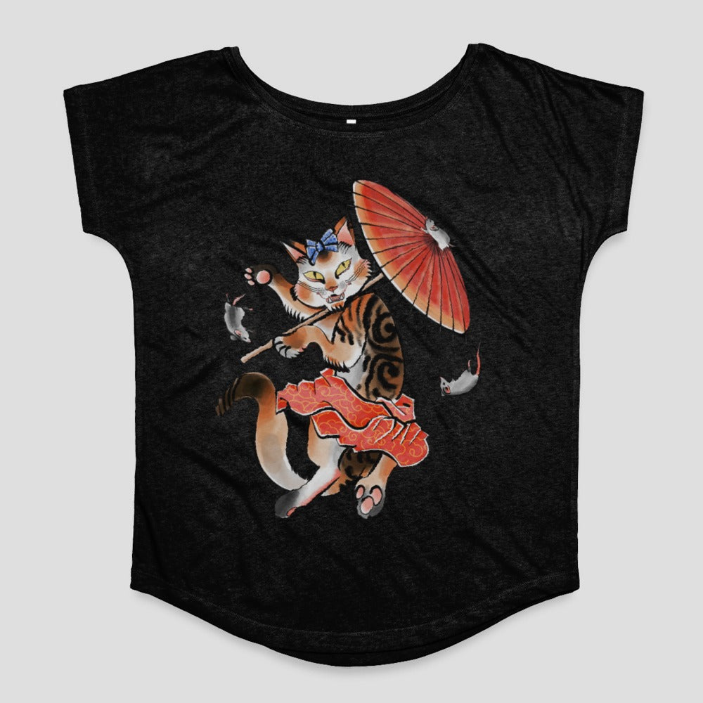 Adorable Kitten with Umbrella Design on Dark Top