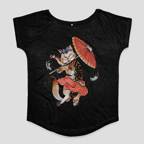 Adorable Kitten with Umbrella Design on Dark Top