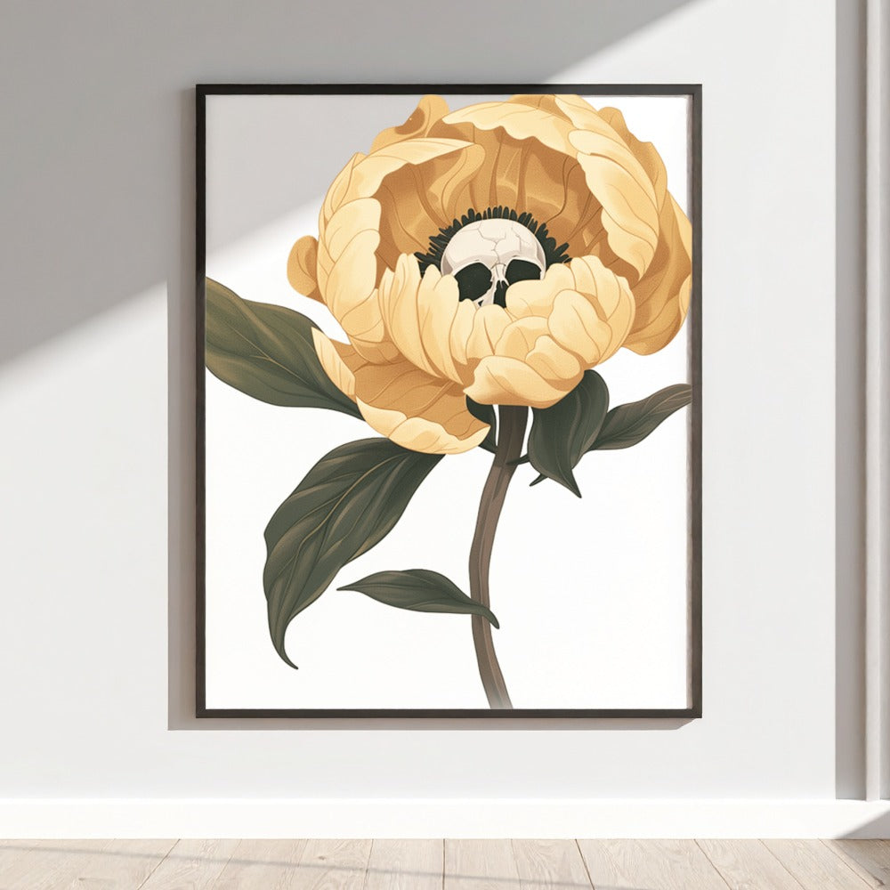 Yellow Flower Art Print with Black Skull Artwork