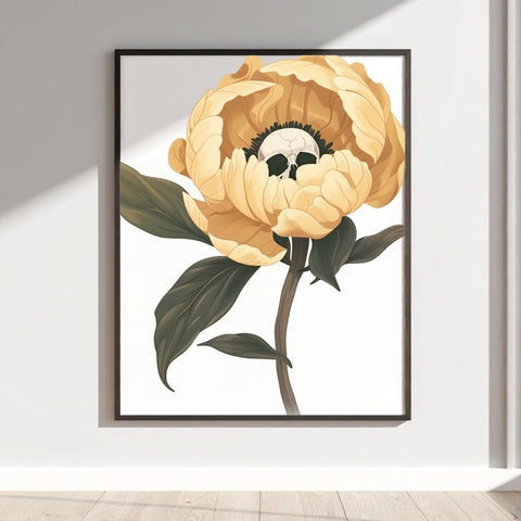 Yellow Flower Art Print with Black Skull Artwork