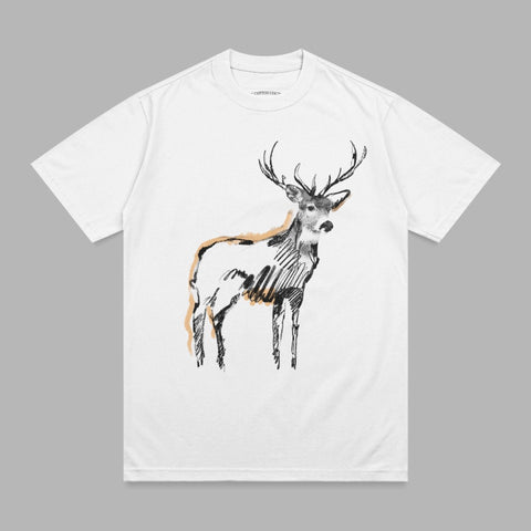 White t-shirt with a sketch of a deer, highlighting the antlers and torso.
