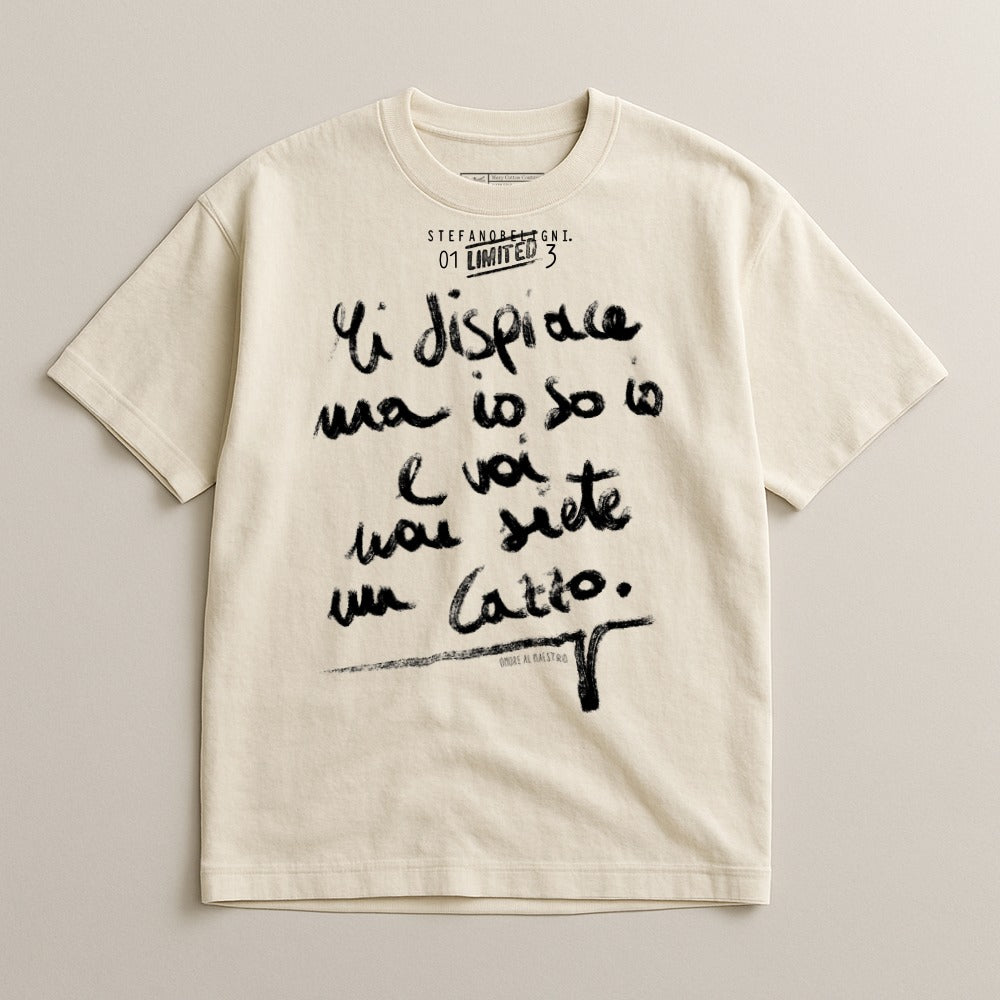 Cream t-shirt with black handwritten Italian text and "Stefano Rè" logo.