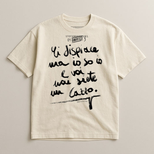 Cream t-shirt with black handwritten Italian text and "Stefano Rè" logo.