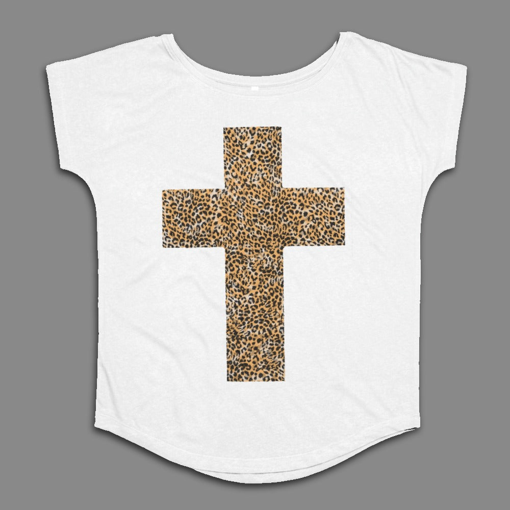 Leopard Print Cross Design on White T-Shirt
