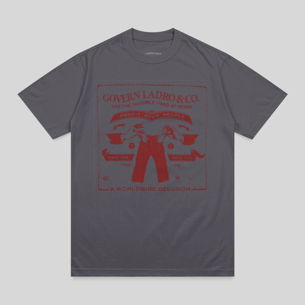 Dark gray t-shirt with red graphic detailing "Govern Ladro & Co." and "A Worldwide Delusion".