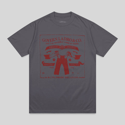 Dark gray t-shirt with red graphic detailing "Govern Ladro & Co." and "A Worldwide Delusion".