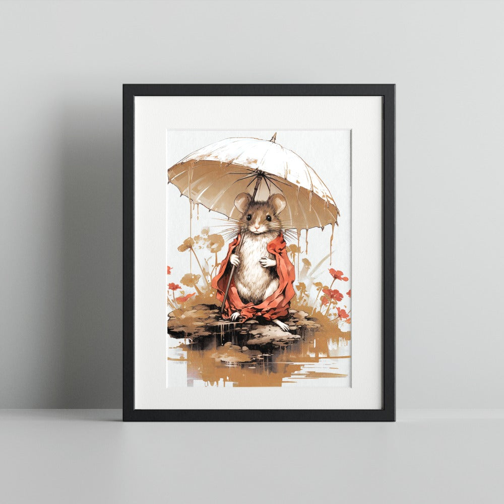 Adorable Mouse Holding Umbrella Artistic Print Artwork