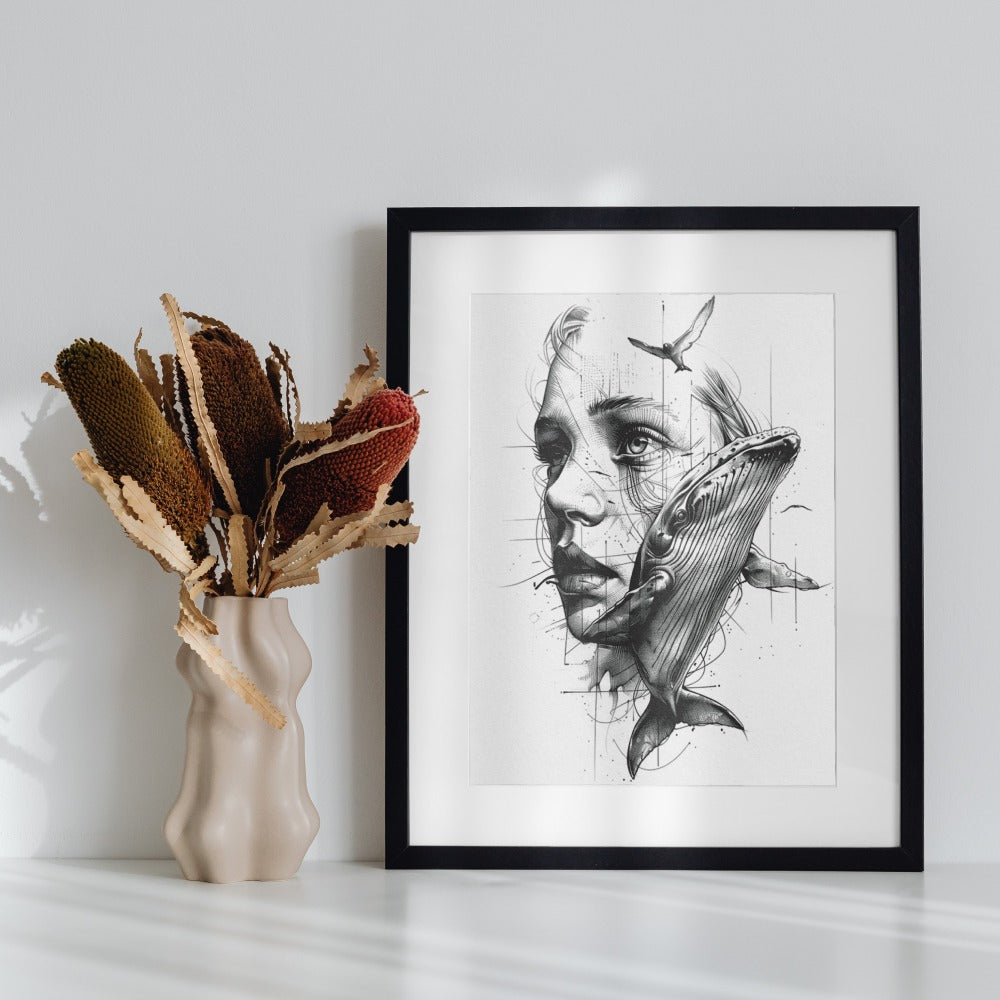 Whale and Woman Art Print in Black and White
