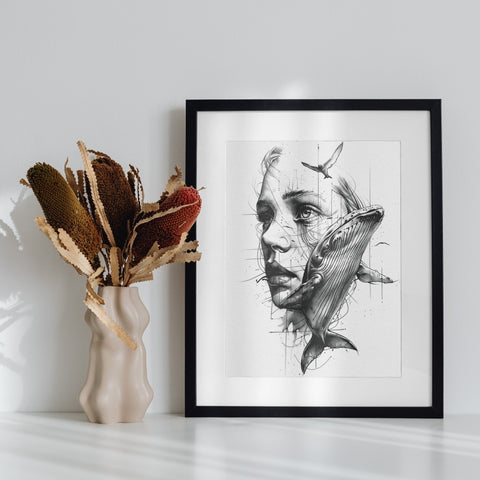 Whale and Woman Art Print in Black and White