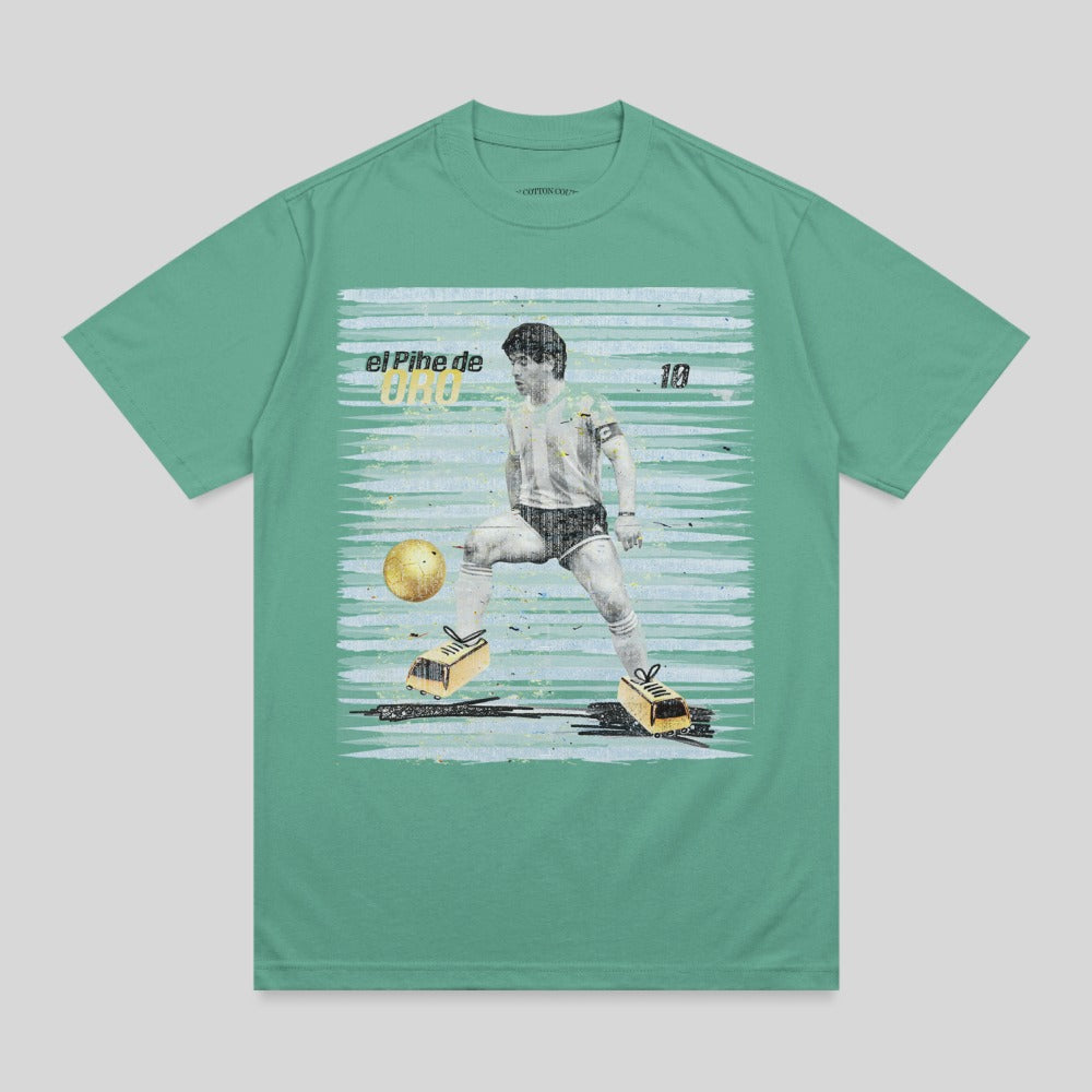 T-shirt with graphic of Diego Maradona dribbling a soccer ball.