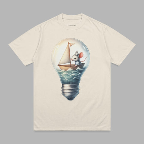 Mouse captain steers a sailboat inside a glowing lightbulb.