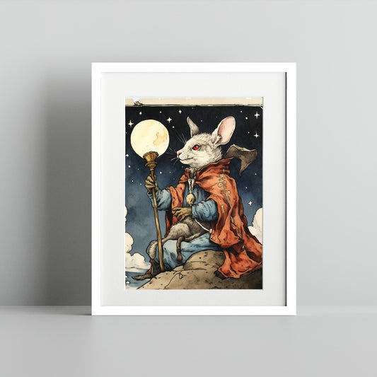 Mystical Mouse with Staff and Moonlit Sky Poster