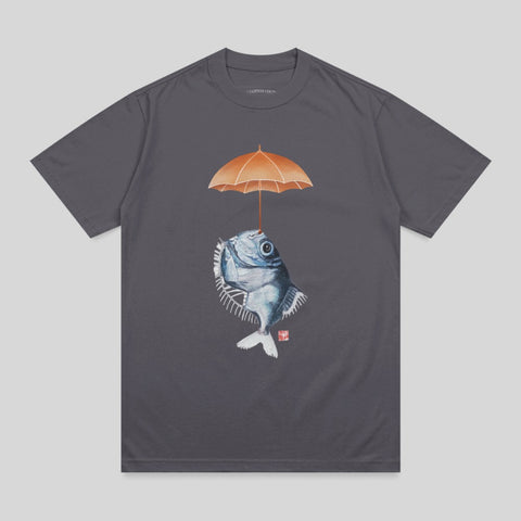 Fish with an umbrella overhead, on a dark grey t-shirt.