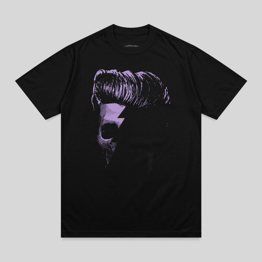 Black t-shirt featuring a stylized portrait with a lightning bolt graphic.