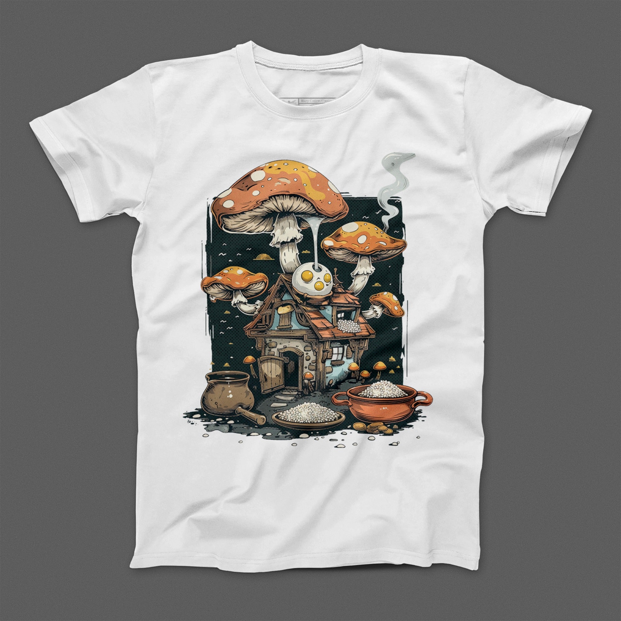 Fantasy Mushroom House Graphic Illustration T-shirt