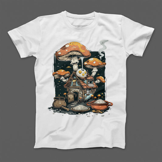 Fantasy Mushroom House Graphic Illustration T-shirt