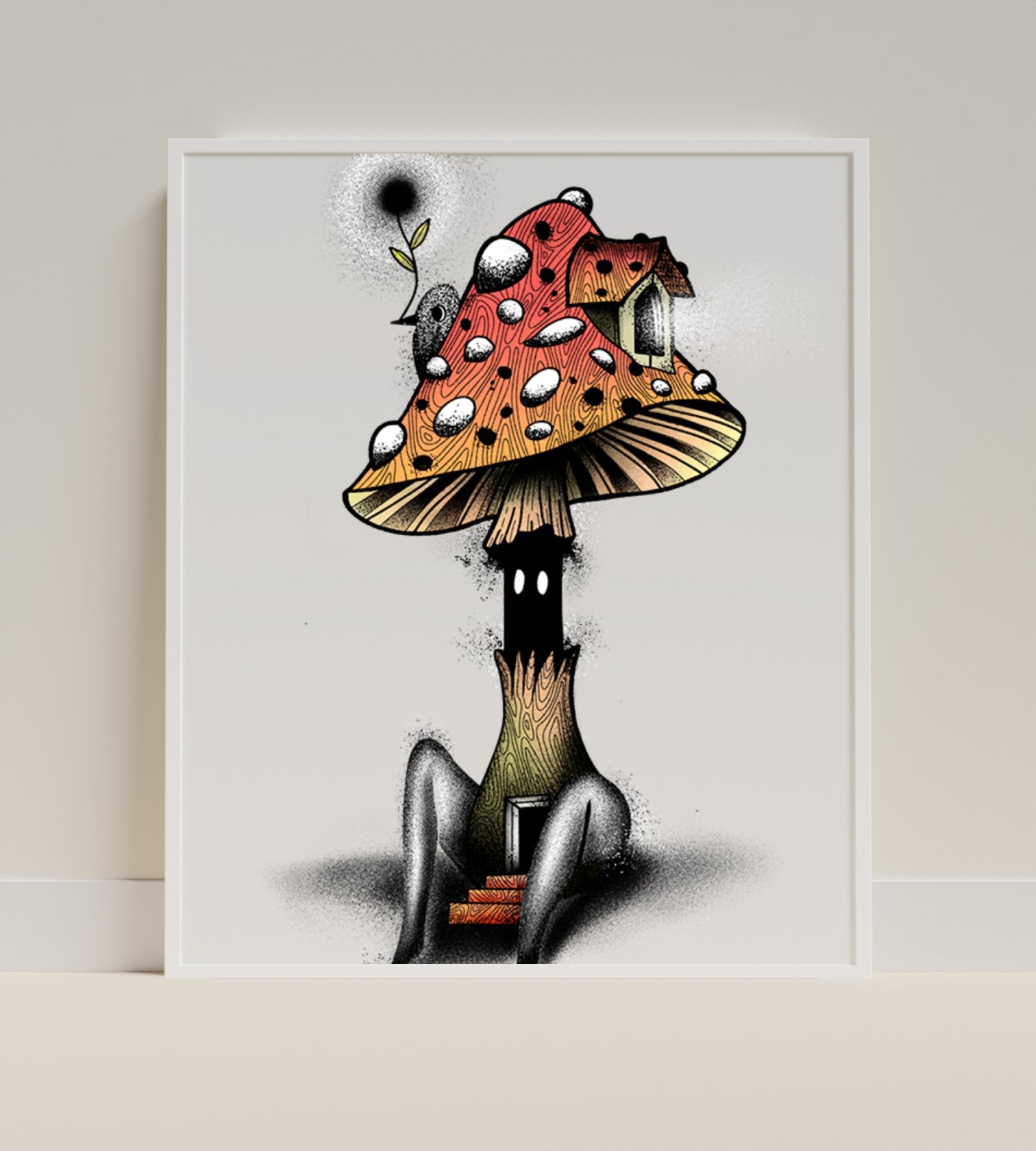 Whimsical Red Mushroom House Art Print with Tree