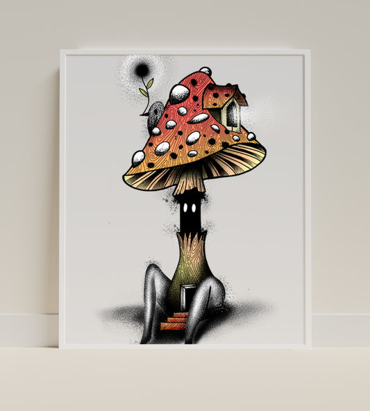 Whimsical Red Mushroom House Art Print with Tree
