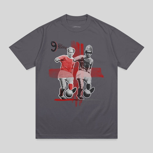 Two stylized soccer players in red shirts and shorts, on grey t-shirt.