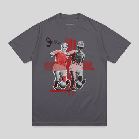 Two stylized soccer players in red shirts and shorts, on grey t-shirt.