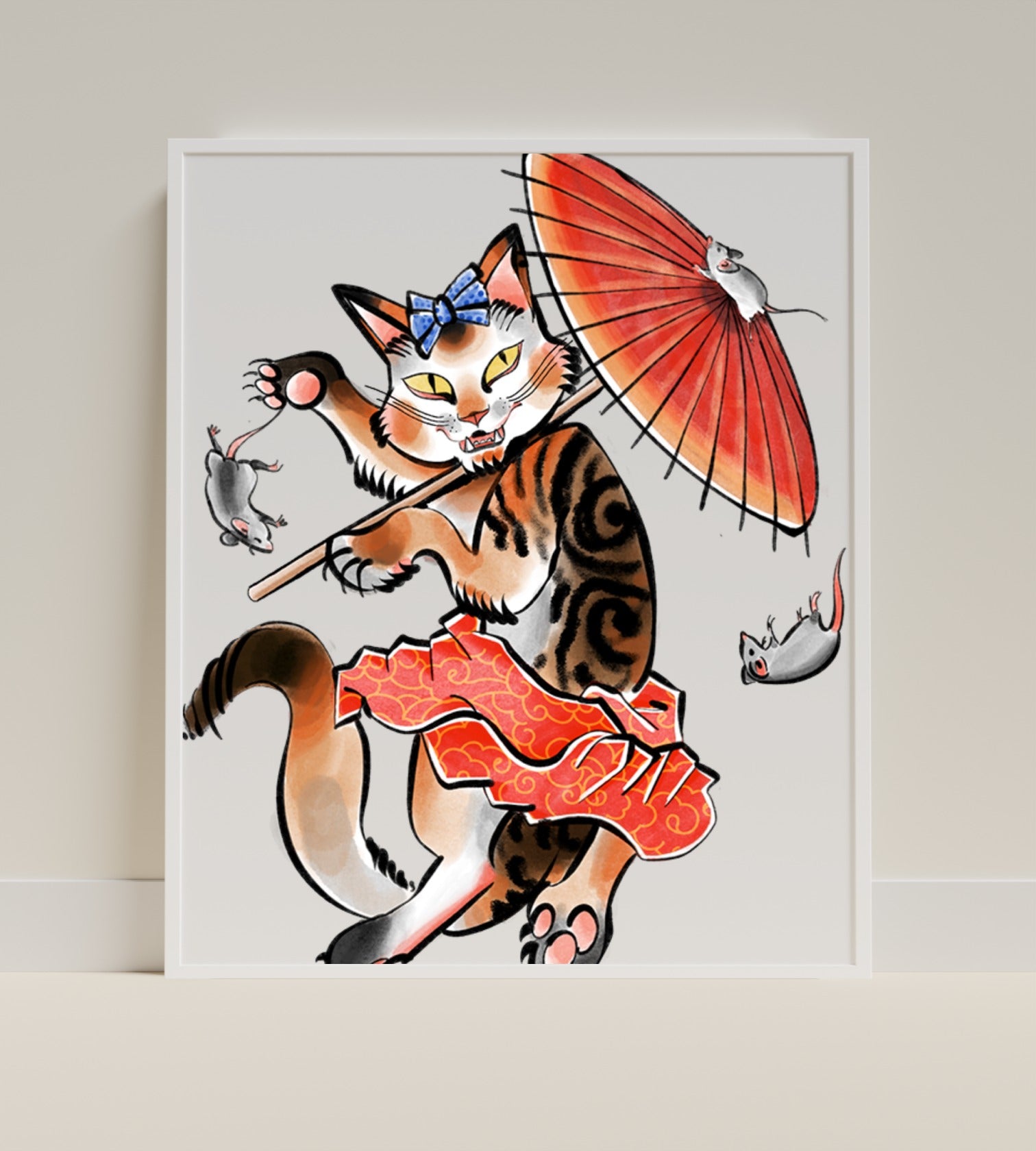 Cat with Umbrella and Mice Japanese Style Artwork