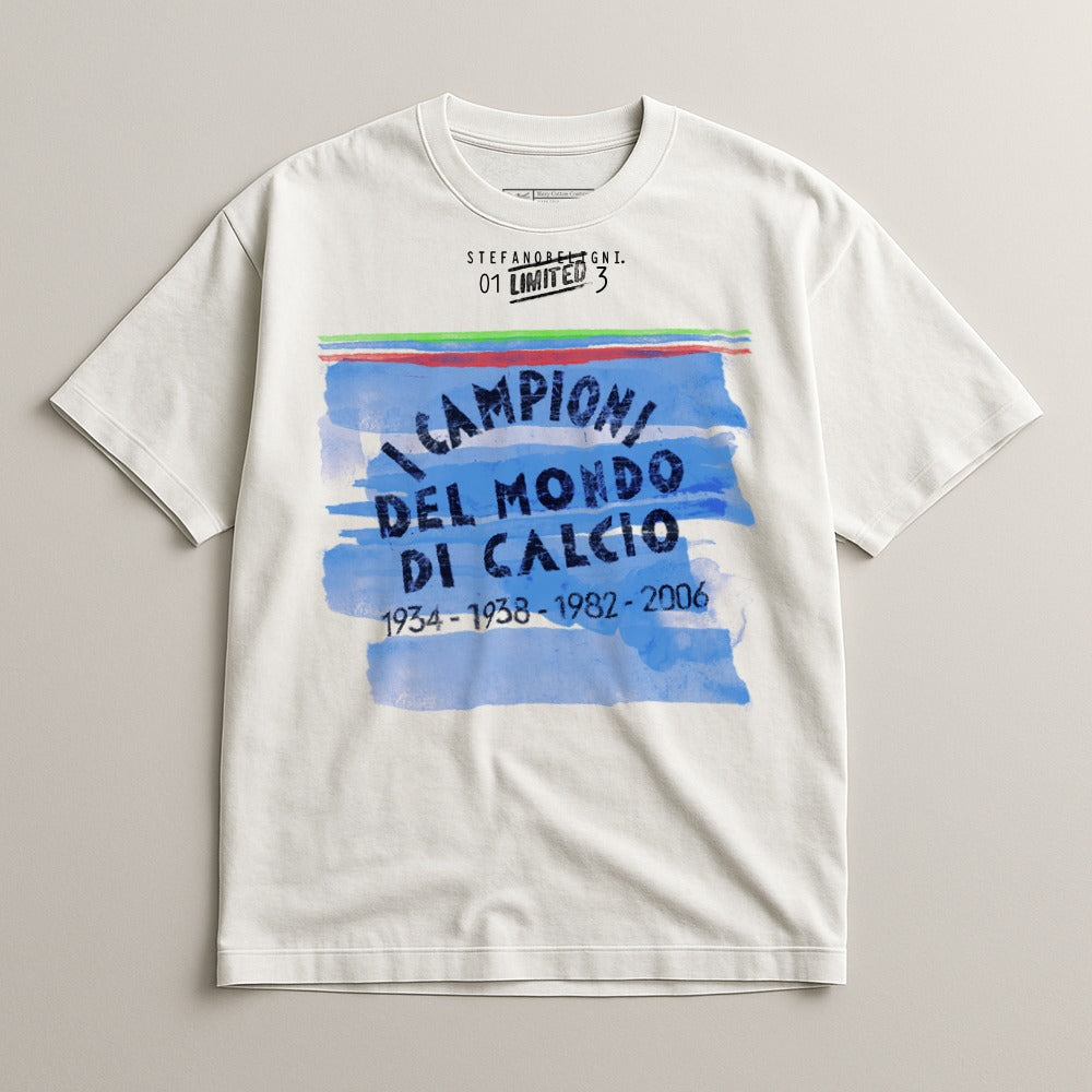 White t-shirt with "Campioni del Mondo di Calcio" text and Italian flag design.