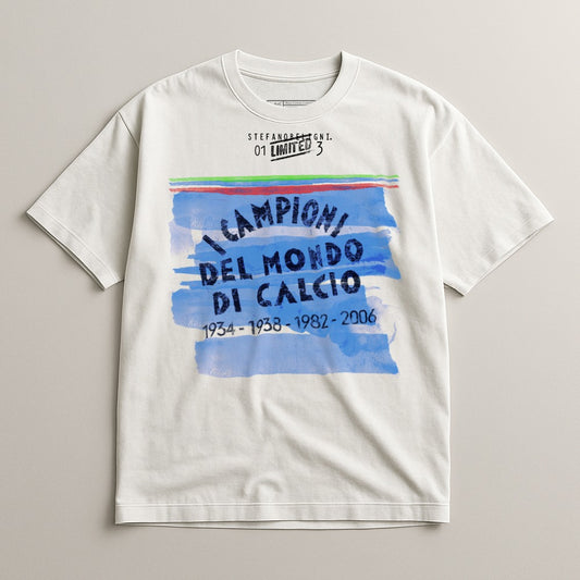 White t-shirt with "Campioni del Mondo di Calcio" text and Italian flag design.