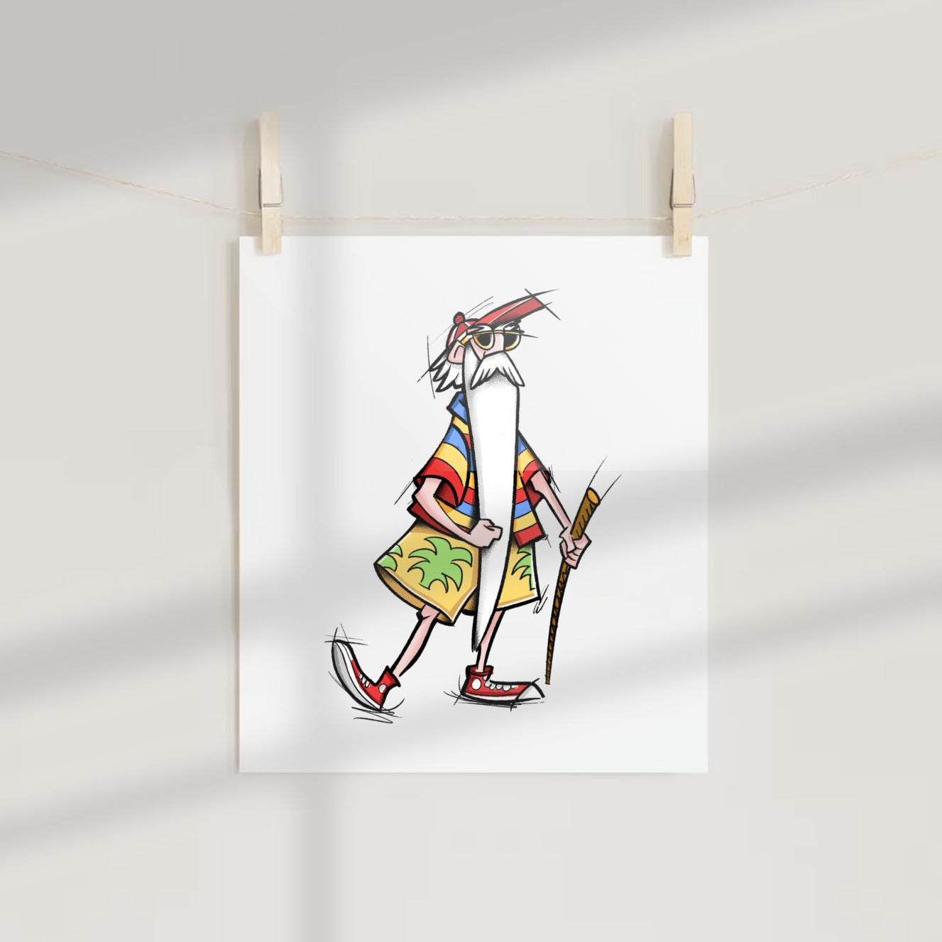 Cool Cartoon Elderly Man with Cane Artwork Print