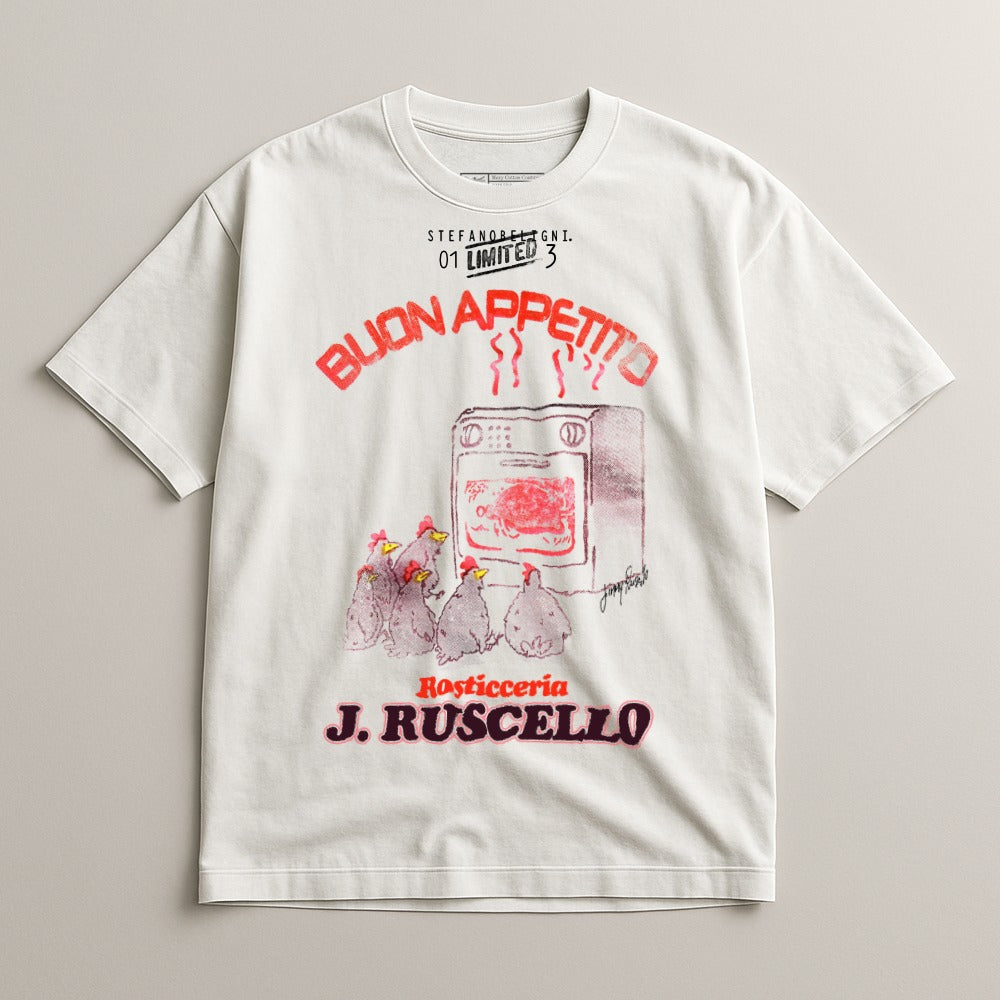 White t-shirt with "BUON APPETITO" and a chicken roasting oven graphic.