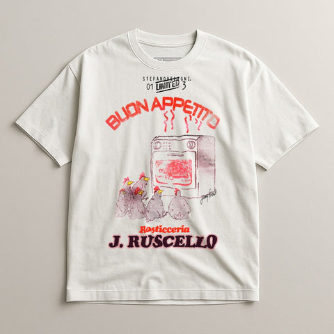 White t-shirt with "BUON APPETITO" and a chicken roasting oven graphic.