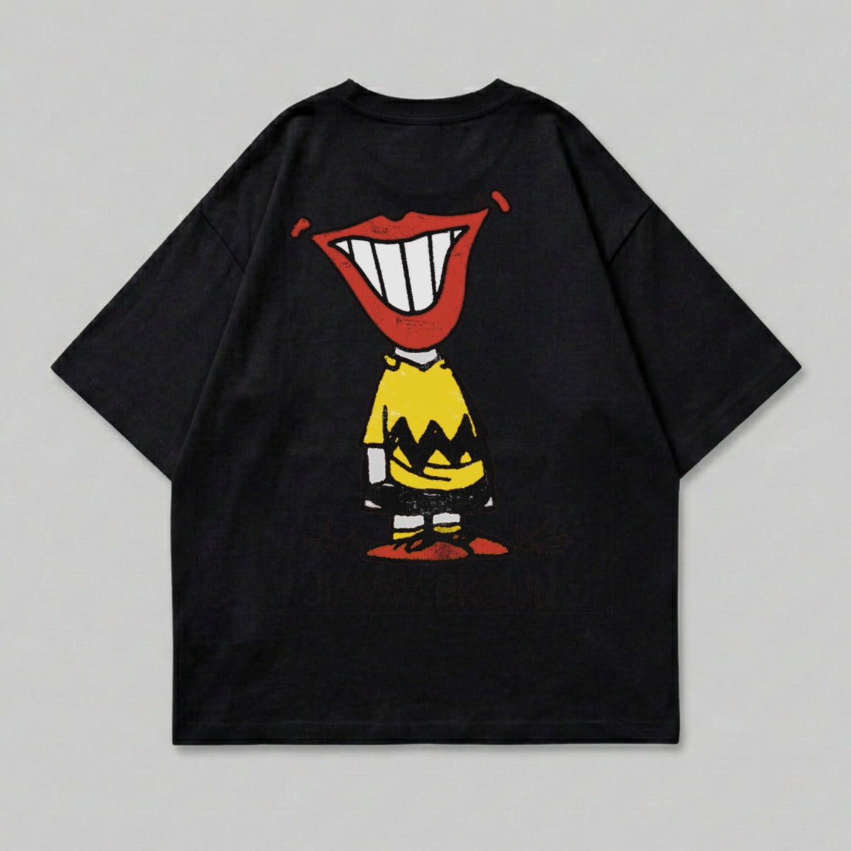 Black t-shirt with a cartoon character wearing a yellow shirt and red shorts.