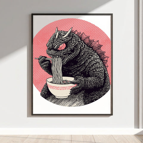 Godzilla Eating Ramen Art Print with Pink Background